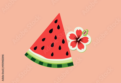 Colorful Illustration of a Juicy Watermelon Slice Accompanied by a Vibrant Tropical Hibiscus Flower on a Soft Pastel Background