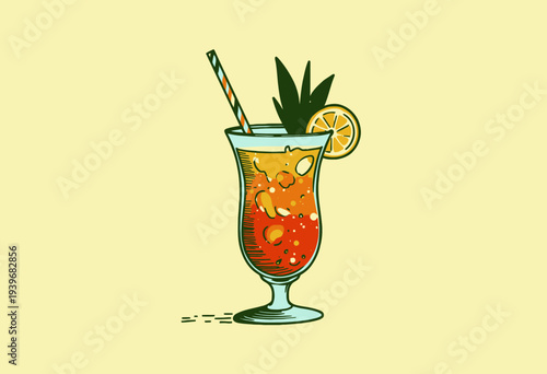 Tropical Refreshing Cocktail in a Glass with Citrus Slice and Straw on Light Background