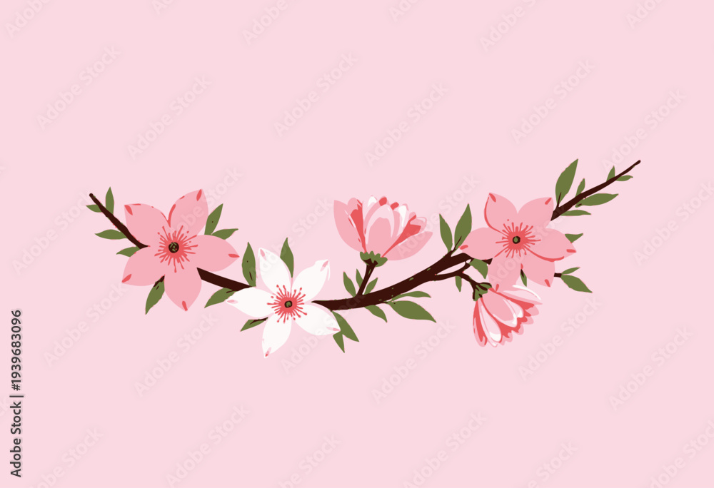 Fototapeta premium Elegant Illustration of Delicate Pink and White Blossom Flowers on a Graceful Branch Against a Soft Pastel Pink Background in Minimalist Style