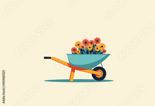 Vibrant Wheelbarrow Filled with Blooming Colorful Flowers on Plain Background Showcasing Nature's Beauty and Highlighting Gardening Aesthetics