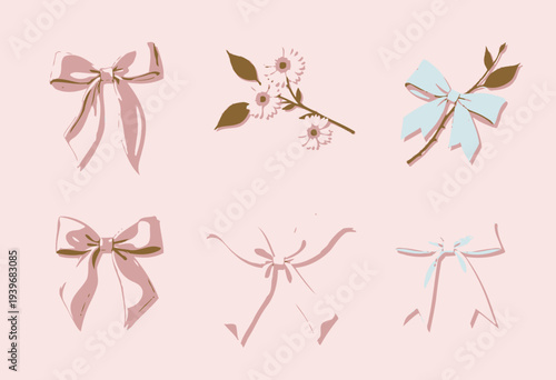 Charming Collection of Decorative Pastel Bows and Spring Blossoms on Soft Pink Background for Elegant Design Inspirations
