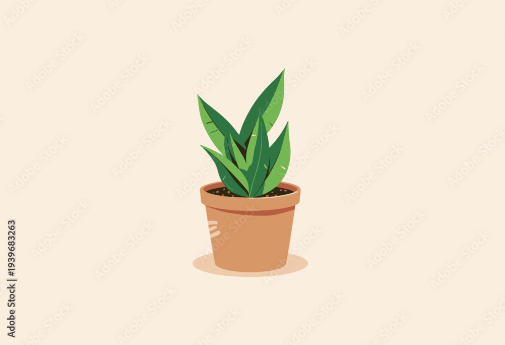 Fototapeta premium Illustration of a Green Potted Plant with Pointed Leaves on a Simple Beige Background for Botanical and Minimalist Design Inspiration