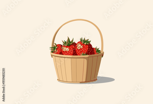 Illustration of a Wooden Basket Filled with Fresh, Juicy Red Strawberries Against a Light Background, Showcasing Bright Colors and Natural Texture