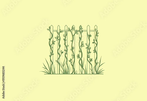 Illustration of a wooden fence adorned with intertwining green vines and leaves, set against a pastel yellow background, capturing nature's simplicity and elegance