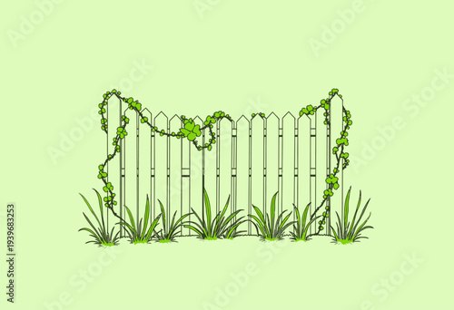 A picturesque garden scene showcasing a wooden fence adorned with vibrant green climbing plants and bordered by lush grass against a soft pastel background