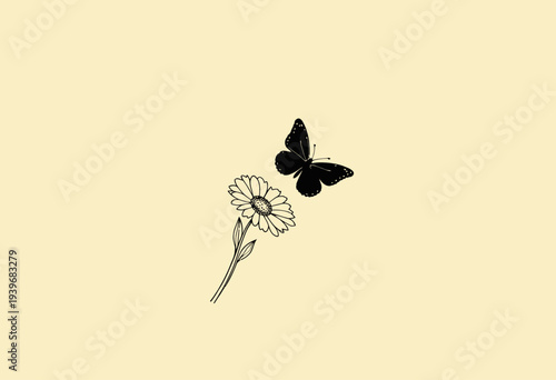 Minimalistic illustration of a black butterfly hovering above a single daisy flower on a soft beige background highlighting nature's simplicity and elegance.