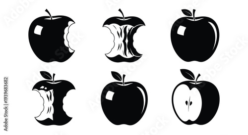 Black and white vector graphic set displaying whole bitten and core apple icons