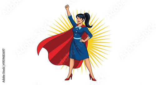 Female superhero nurse graphic illustration standing strong with raised triumphant fist and flowing cape