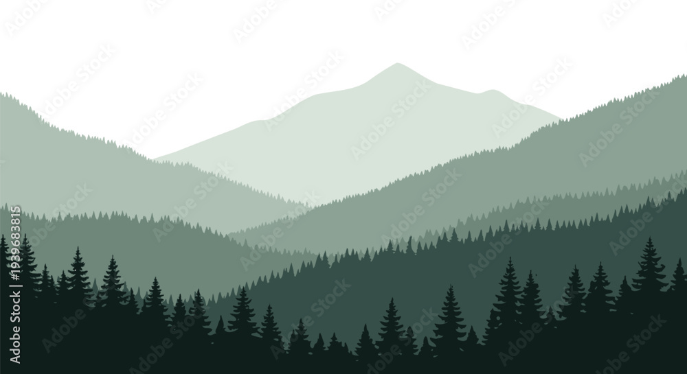 Fototapeta premium Vector illustration of a layered mountain landscape with dense pine forest and misty peaks.