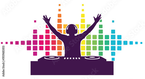 Silhouette of a triumphant disc jockey mixing music against a colorful digital sound wave graphic