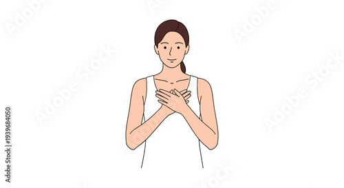 A young woman with dark hair and a white tank top stands with her hands crossed over her chest, expressing gratitude on a white background.