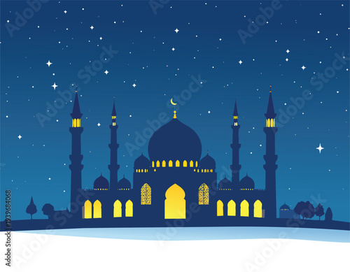 A night silhouette illustration of the Taj Mahal mosque in Agra, India, featuring a marble dome and architectural landmark symbols of Asian culture and religion