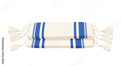 Two neatly folded white towels with prominent blue stripes and decorative tassels are stacked on a clean white background.