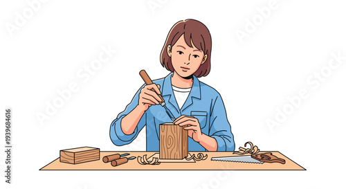 A focused young woman with short brown hair meticulously carves a wooden block with a chisel at a light wooden table, surrounded by tools and shavings.