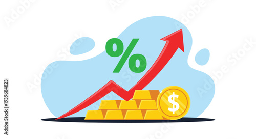 Vector graphic illustration depicting financial market growth, rising interest rates, gold value, and investment success.