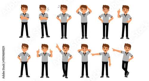 Collection of various male character expressions and gesture poses in simple flat design vector illustration