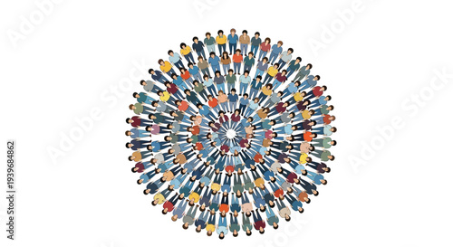 Stylized vector illustration depicting a large diverse group of people forming a circular pattern