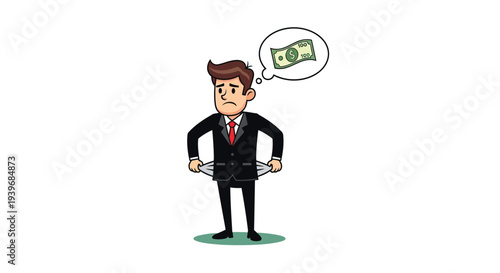 Sad businessman in suit shows empty pockets thinking about missing money in this vector illustration