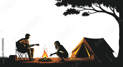 Couple enjoying a peaceful evening of guitar music and campfire warmth beside their tent