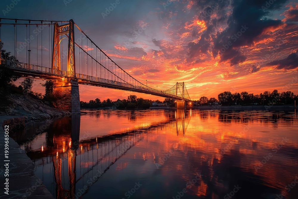 Fototapeta premium Suspension bridge glowing at golden hour