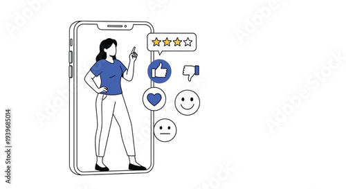 Female user points to social media feedback icons displaying ratings likes and dislikes on a mobile screen