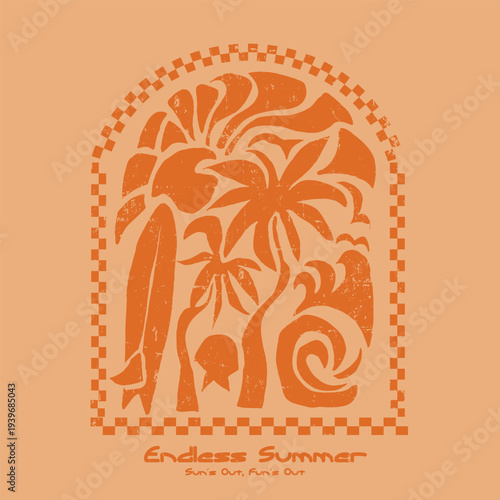Endless Summer retro print design. hand made tropical elements. surfboard palm tree big waves and sunset together make tee t-shirt sweatshirt design. summer beach artwork. 