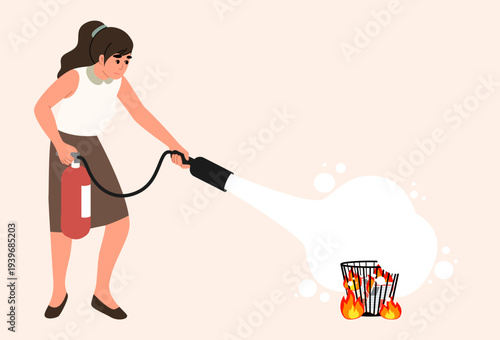woman putting out fire with a fire extinguisher