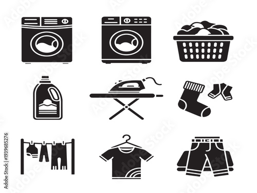 Laundry day icon set: minimalist vector icons for cleaning and laundry
