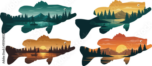Four colorful fish silhouettes with forest and sunset landscape inside