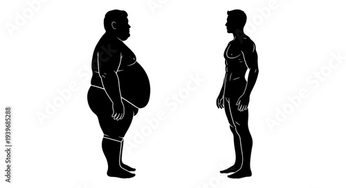 Black silhouette vector illustration comparing an obese man with a fit, muscular man, representing weight loss, body transformation, and health concepts for medical or fitness designs.