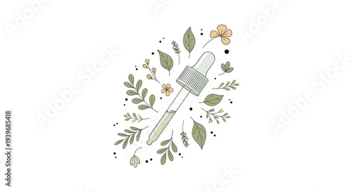 A delicate glass dropper with a light green cap is artistically surrounded by an assortment of green leaves, small flowers, and abstract black dots on a white background.