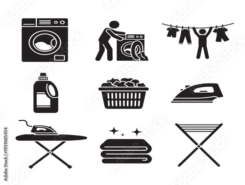 Minimalist line icons of household chores and activities