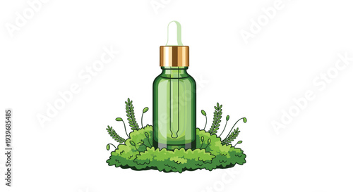 A elegant green glass dropper bottle with a golden cap and pipette is prominently displayed on a vibrant bed of textured green moss-like plants on a white background.