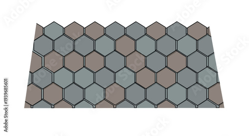 A rectangular surface is entirely covered by a repeating tessellation of grey and brown hexagonal tiles, outlined in black, against a white background.