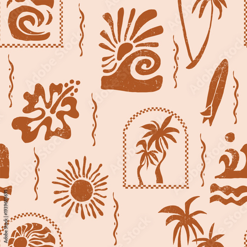 Summer retro print design. hand made tropical pattern. seamless surfboard palm tree big waves and sunset together make tee t-shirt sweatshirt design. summer beach print artwork.