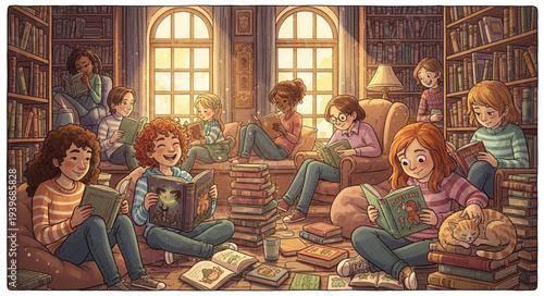 Children Sitting Cross-Legged and Reading Books in a Cozy Library.