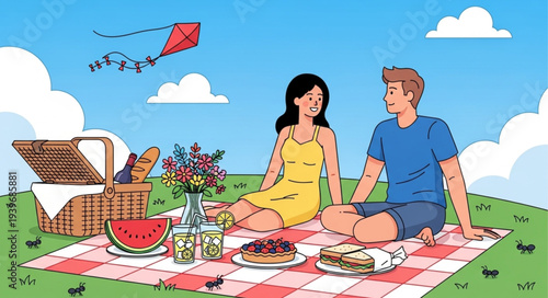 Young Couple Having Picnic on Green Grass in Park.