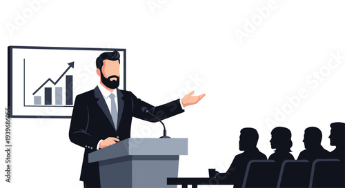 A cartoon businessman with a beard and suit delivers a speech from a podium to a silhouetted audience, with a rising bar graph on a screen.
