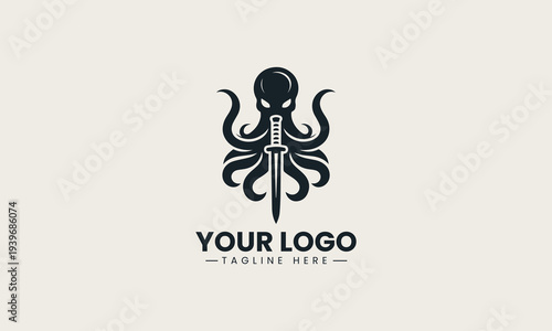 Black octopus monster holding a sharp sword represents gaming mascot unique and powerful