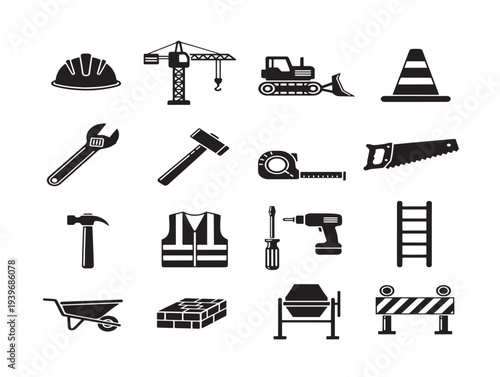 Black and white construction tools icon set