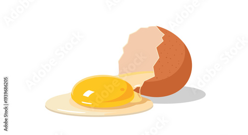 A single brown egg is cracked open, its yellow yolk and white liquid pooled on a white surface, with one shell half beside it.