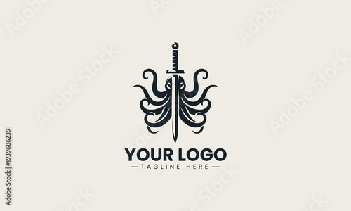 Black octopus monster holding a sharp sword represents gaming mascot unique and powerful