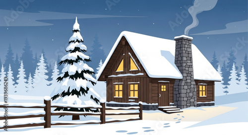 Cozy Snow-Covered Cabin in Winter Landscape.