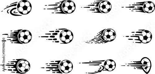 Motion blur soccer balls in various directions and speeds on white background