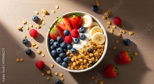 Wallpaper Mural Fresh breakfast bowl with mixed berries, banana, granola, and yogurt on wooden surface Torontodigital.ca