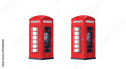 Two iconic red British telephone booths stand side-by-side, experiencing a gentle rain shower against a plain white background.