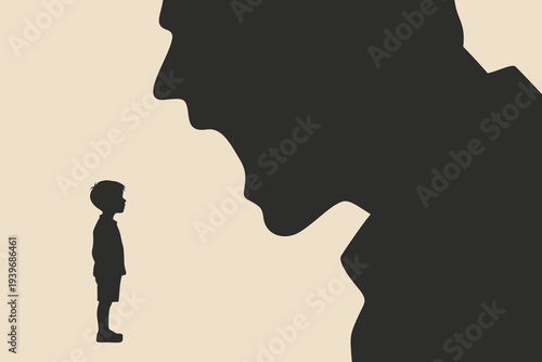 Shouting Father Looms Over Scared Child Silhouette: Dysfunctional Family Trauma, Noise