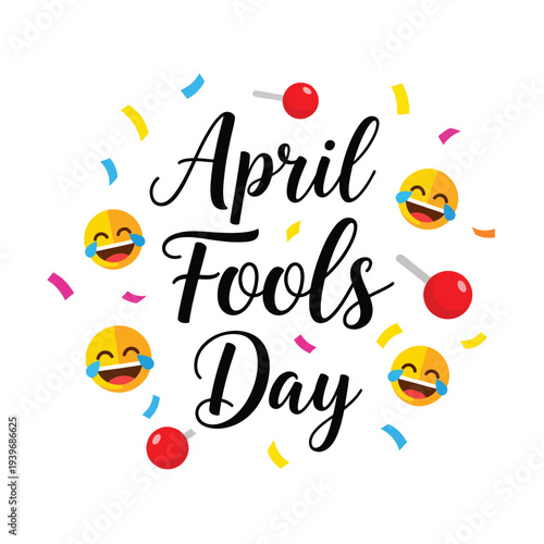 April fools day celebration with laughing emojis and confetti, fun and playful holiday vector graphic