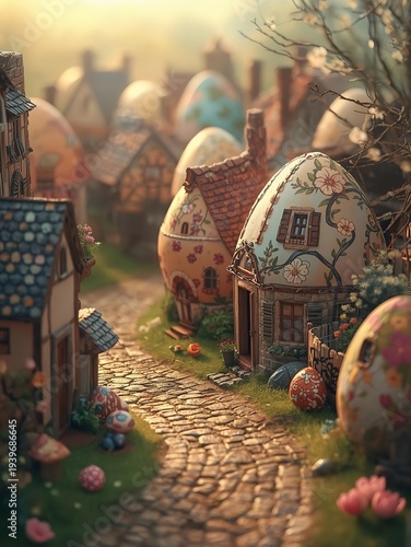 Enchanting village of Easter egg-shaped cottages with floral patterns lining a winding cobblestone path in dreamy golden spring light. Ideal for Easter 2026 fantasy cards and seasonal designs.
