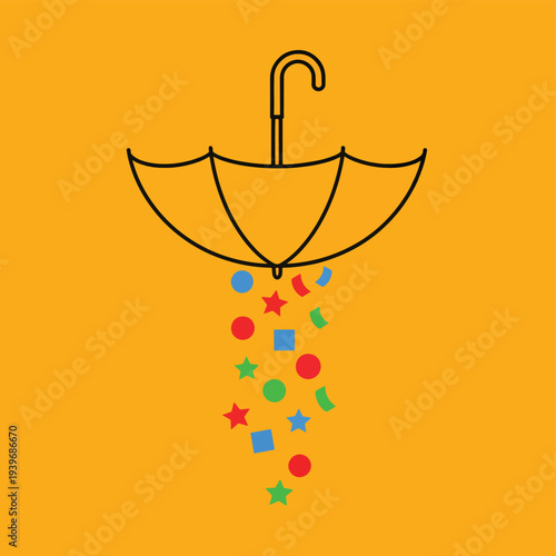 Upside down umbrella with colorful confetti falling out, playful illustration for april fools day and festive celebrations